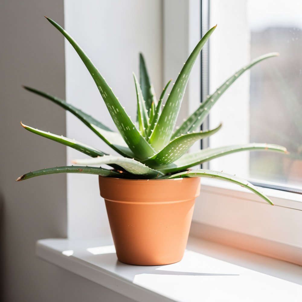 Aloe vera v terakotovém květináči na světlém parapetu Aloe vera v terakotovém květináči na světlém parapetu