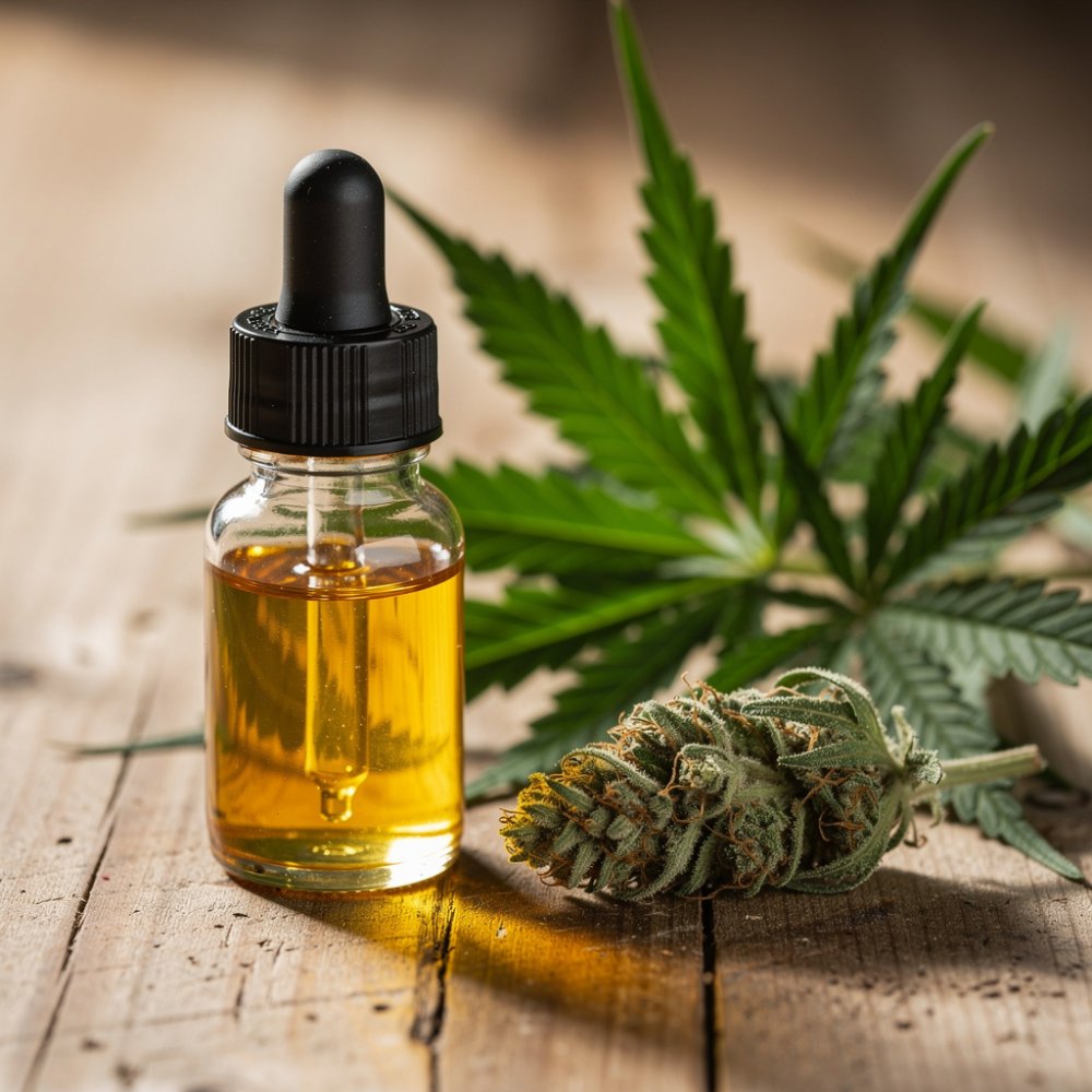 CBD olaj palack cseppentővel és kenderlevelekkel