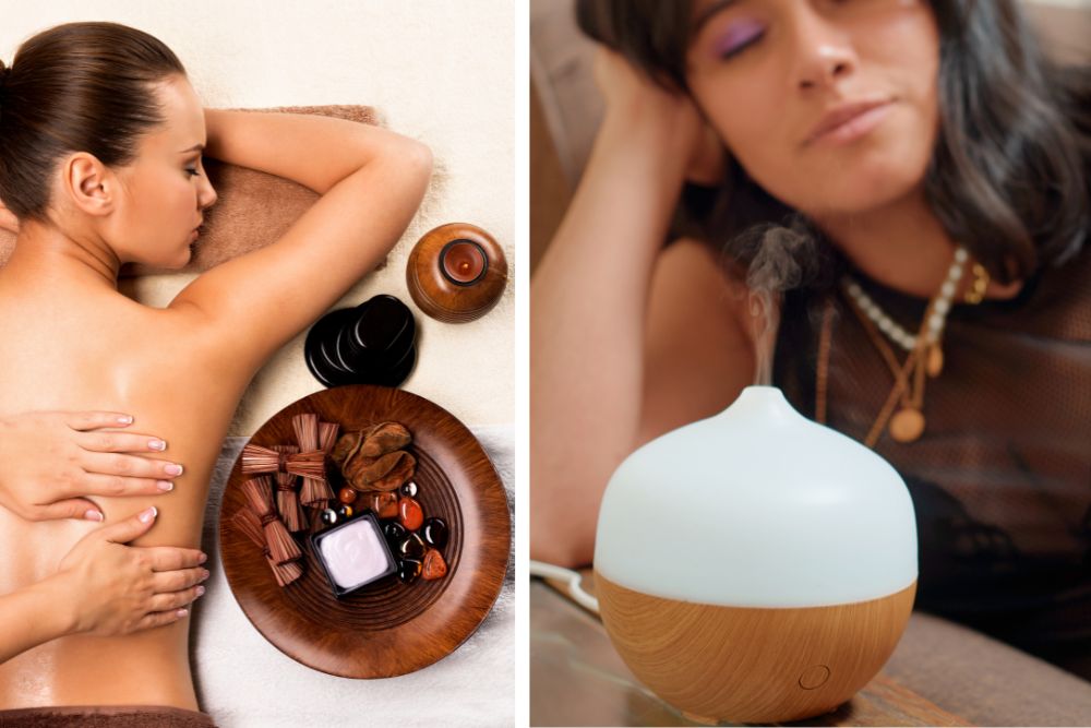 Relaxační aromaterapie – difuzér s esenciálním olejem a svíčky v klidném prostředí