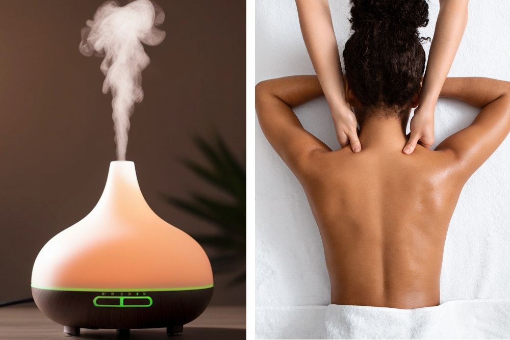 Aromadifuzér s esenciálním olejem a relaxační masáž zad pro aromaterapii