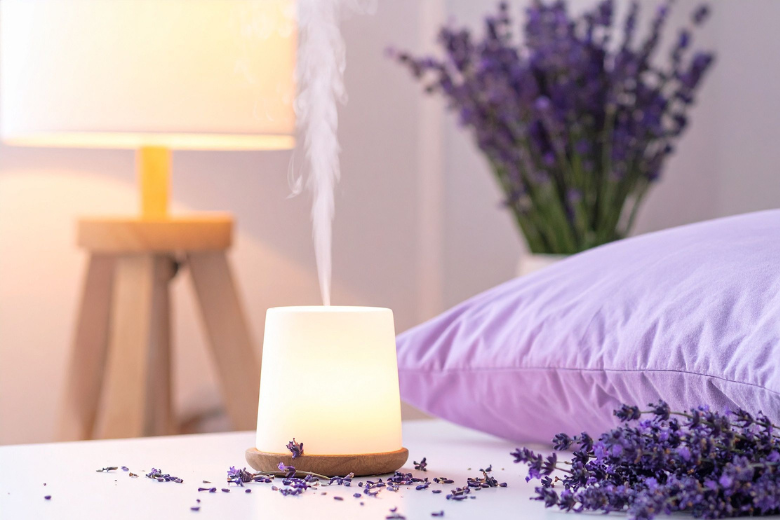 Aroma difuzér s levandulí na nočním stolku v ložnici.