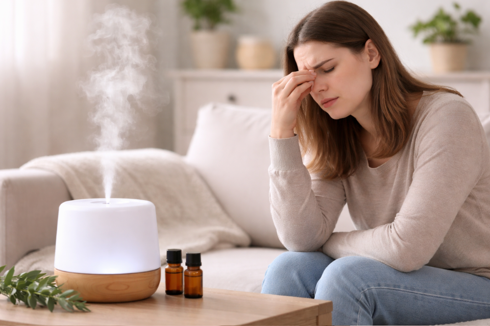 Žena sedící u aroma difuzéru vnímá nepříjemně příliš intenzivní vůni v místnosti