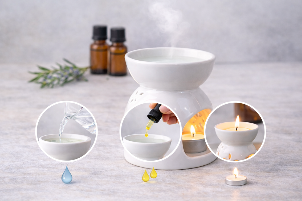 Postup použití aromalampy – nalití vody, přidání kapek esenciálního oleje a zahřátí svíčkou