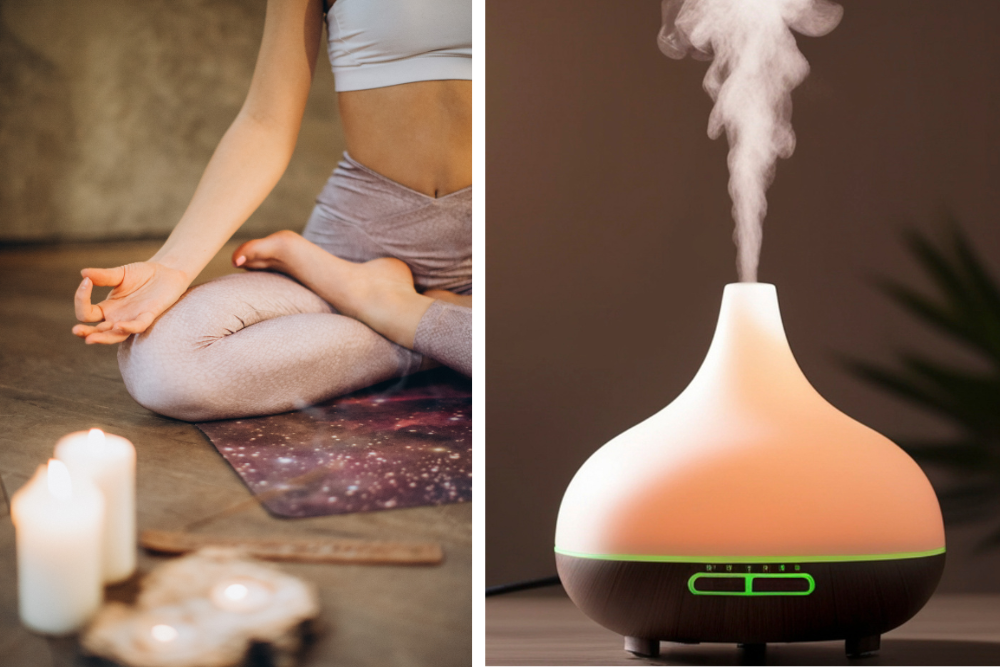 Žena při relaxaci a aromadifuzér s jemnou párou, atmosféra domácí aromaterapie a klidu.