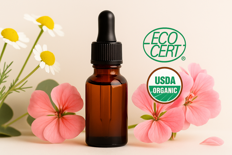 Lahvička esenciálního oleje s květinami a logy ECOCERT a USDA Organic.