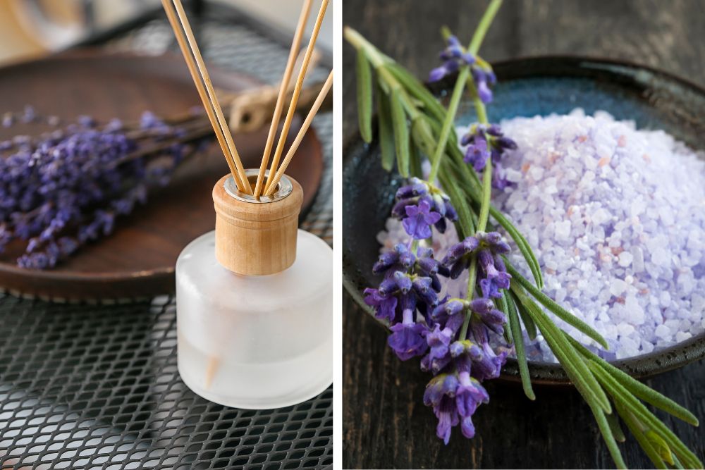 Levandulové květy a esenciální olej pro domácí aromaterapii a péči o pokožku