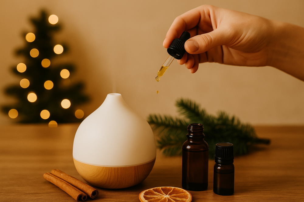 Kapka esenciálního oleje kapající do aroma difuzéru s vánočními dekoracemi.